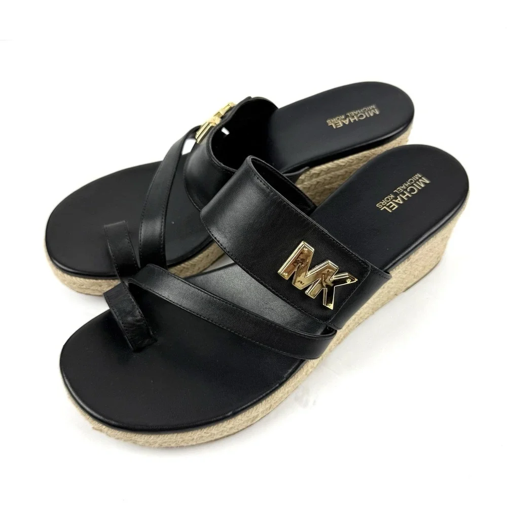 Michael Kors Jilly Espadrille Wedge 8.5 Black Leather Slip On Gold Logo Sandals